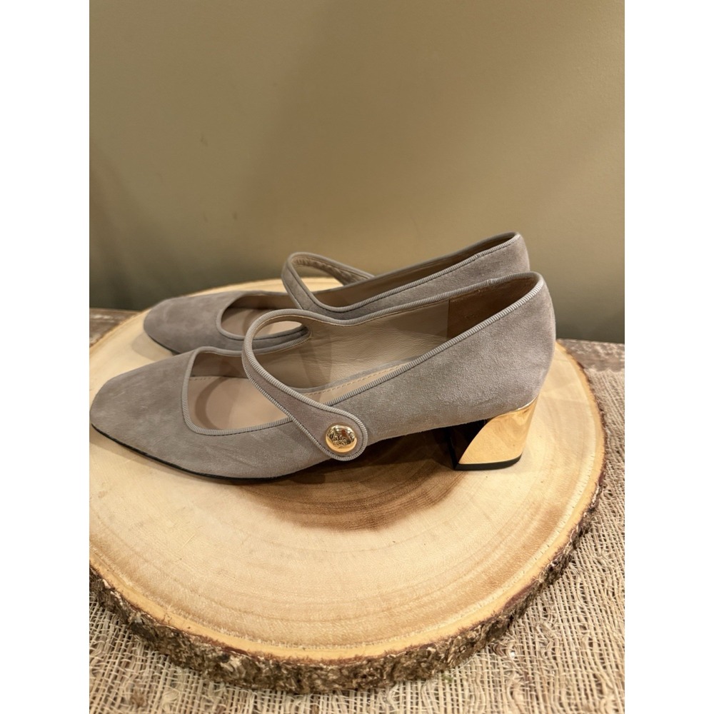 Tory Burch Marisa 40mm Mary Jane Pump in Grey Suede Strap Gold Accent Sz-7 298$ - Picture 4 of 11